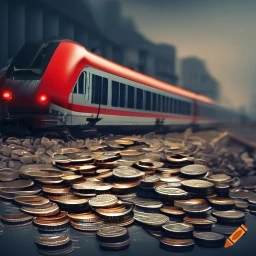 in Vordergrund viele Münzen, dahinter ein rot-weißer Zug (KI-Bild von Craiyon)