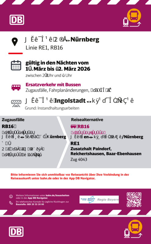 Die Startseite eines PDFs mit Bauinfos der DB. Einige Wörter und Zahlen sind durch Zeichenmüll ersetzt, irgendeine Beschädigung oder Codierungsfehler. U.a. gilt die Info vom 1Ű. bis ũ2. März.